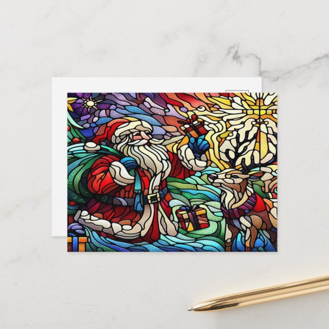 Majestic Stained Glass Santa and Reindeerts Postcard (Front/Back In Situ)