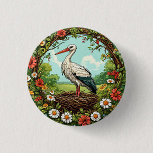 Majestic Stork Resting in a Colourful Spring Nest 3 Cm Round Badge