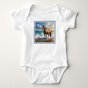 **"Majestic Stride: Proud Brown Horse on the Beach Baby Bodysuit