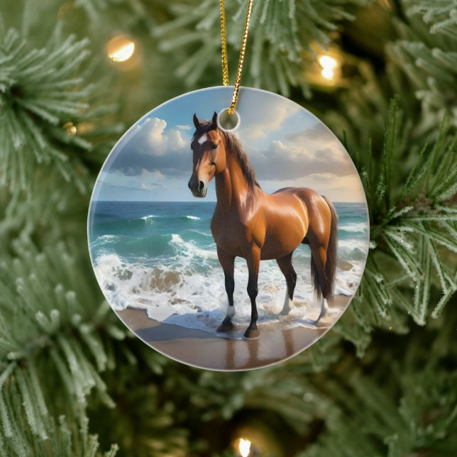 **"Majestic Stride: Proud Brown Horse on the Beach Ceramic Ornament (Tree)