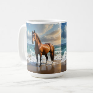 **"Majestic Stride: Proud Brown Horse on the Beach Coffee Mug