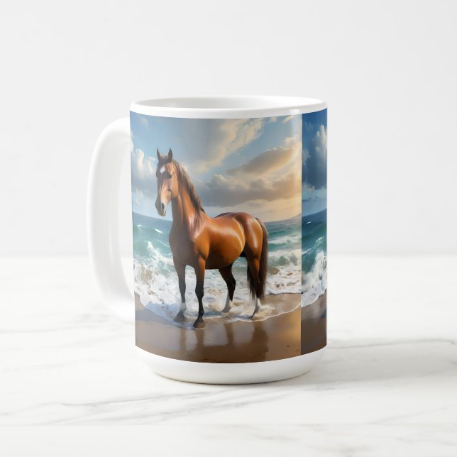 **"Majestic Stride: Proud Brown Horse on the Beach Coffee Mug (Front Left)