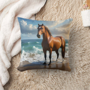 **"Majestic Stride: Proud Brown Horse on the Beach Cushion