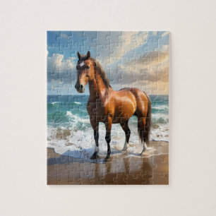 **"Majestic Stride: Proud Brown Horse on the Beach Jigsaw Puzzle