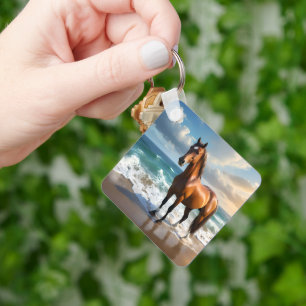 **"Majestic Stride: Proud Brown Horse on the Beach Key Ring
