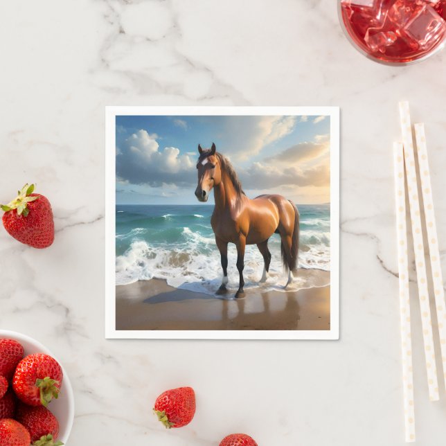 **"Majestic Stride: Proud Brown Horse on the Beach Napkin (Insitu)