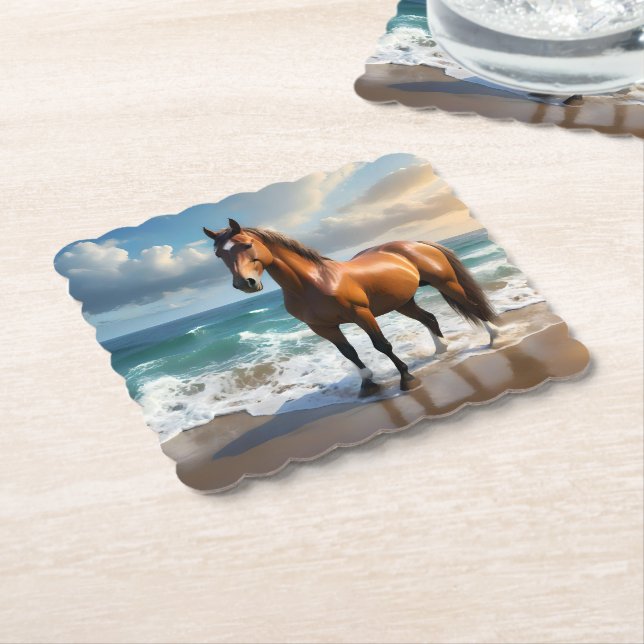 **"Majestic Stride: Proud Brown Horse on the Beach Paper Coaster (Angled)