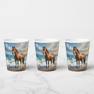 **"Majestic Stride: Proud Brown Horse on the Beach Paper Cups