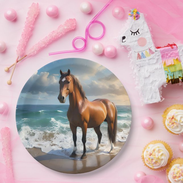 **"Majestic Stride: Proud Brown Horse on the Beach Paper Plate (Party)