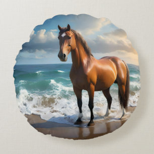 **"Majestic Stride: Proud Brown Horse on the Beach Round Cushion