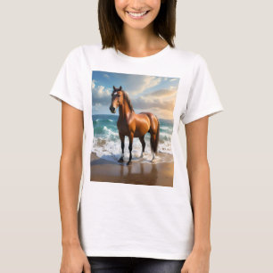 **"Majestic Stride: Proud Brown Horse on the Beach T-Shirt