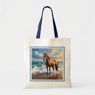 **"Majestic Stride: Proud Brown Horse on the Beach Tote Bag
