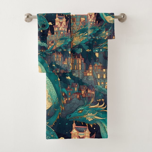 Majestic Teal Dragons and Village Bath Towel Set (Insitu)