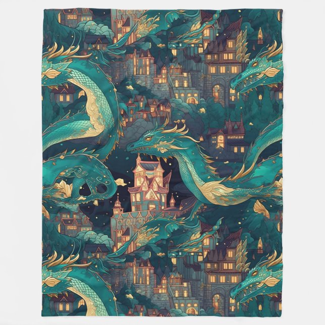 Majestic Teal Dragons and Village Fleece Blanket (Front)