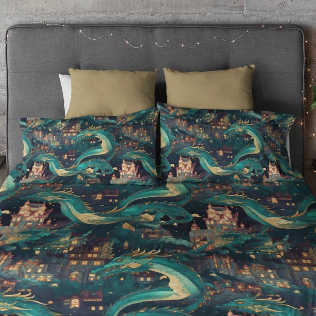 Majestic Teal Dragons and Village Pillowcase (Creator Uploaded)