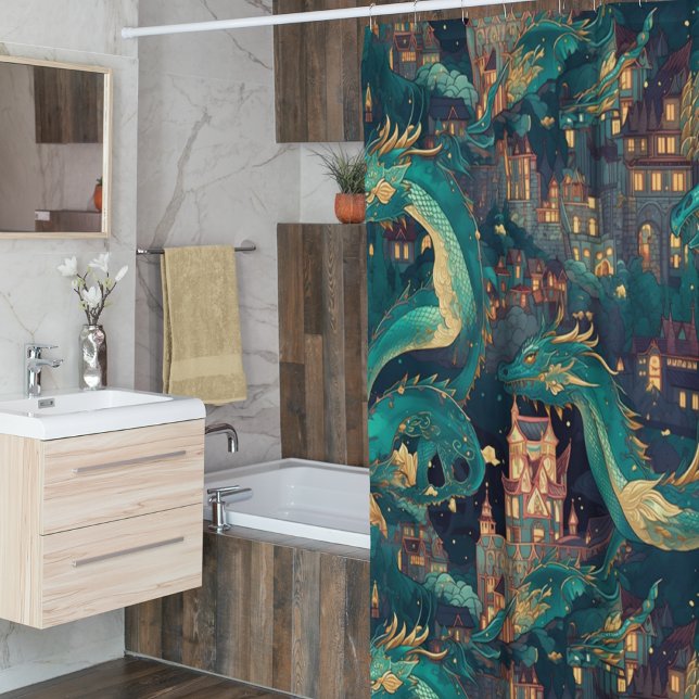 Majestic Teal Dragons and Village Shower Curtain (Creator Uploaded)