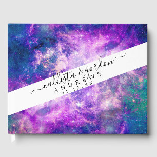 Majestic Teal Purple Starry Space Nebula Guest Book