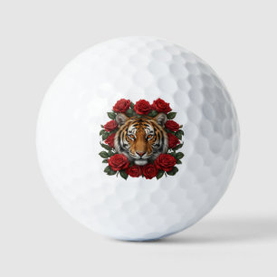 Majestic Tiger Face Red Rose Floral Wreath Golf Balls