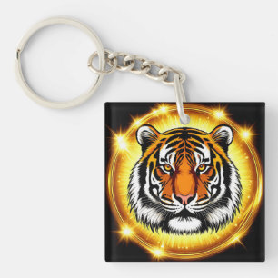 Majestic Tiger Head With Glowing Golden Lights Key Ring