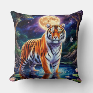 Majestic Tiger in a Moonlit Fantasy Landscape Cushion