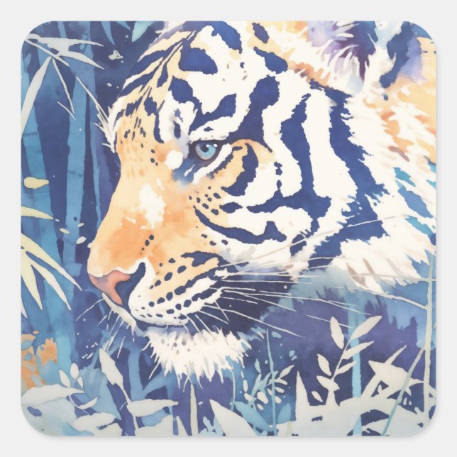 Majestic Tiger in Blue Bamboo Botanical Nature Square Sticker (Front)