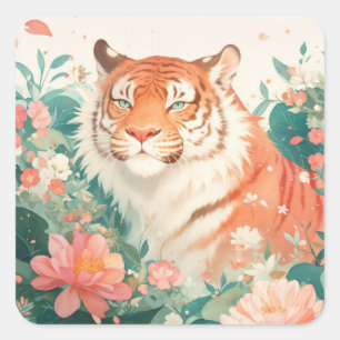 Majestic Tiger in Botanical Flower Garden Square Sticker