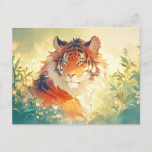 Majestic Tiger in Sunlit Floral Garden Postcard