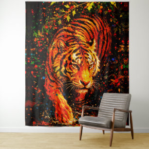 Majestic Tiger in Water Colourful Splatter Tapestry