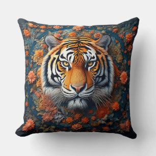 Majestic Tiger Portrait Surrounded by Flowers Cushion