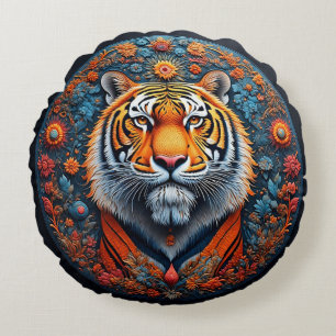 Majestic Tiger Portrait Surrounded by Flowers Round Cushion