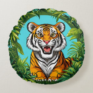 Majestic Tiger Roaring in Vibrant Jungle Round Cushion