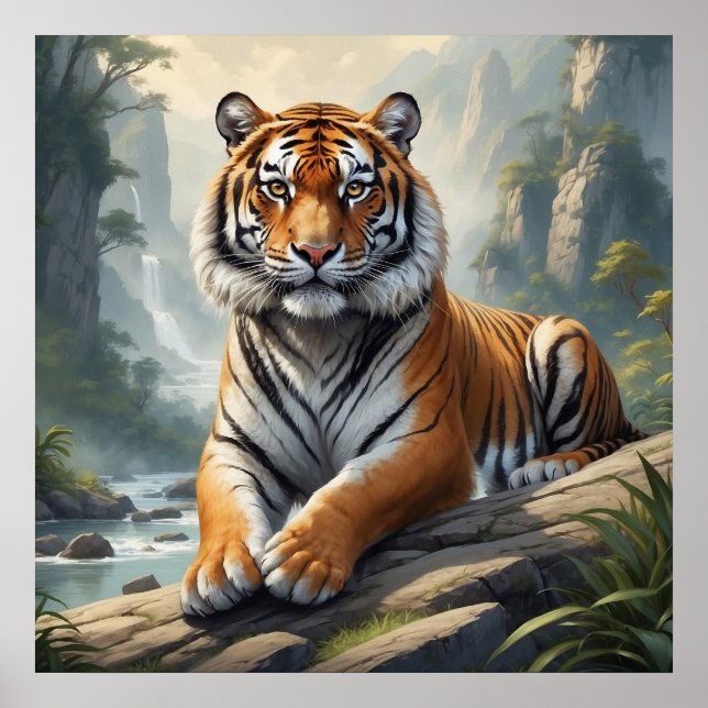 Majestic Tiger Sitting in River Wildlife Poster (Front)