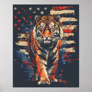 Majestic Tiger Standing Proudly by American Flag P Poster