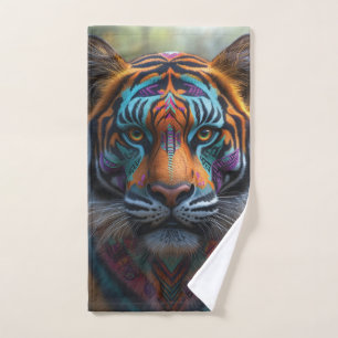 Majestic Tiger with Vibrant Tribal Face Paint Hand Towel