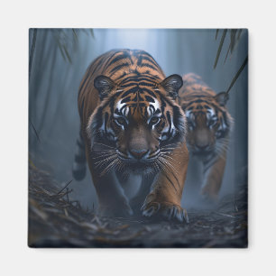 Majestic Tigers in a Foggy Jungle Magnet