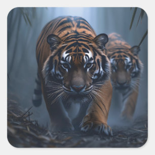 Majestic Tigers in a Foggy Jungle Square Sticker