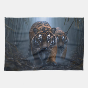 Majestic Tigers in a Foggy Jungle Tea Towel