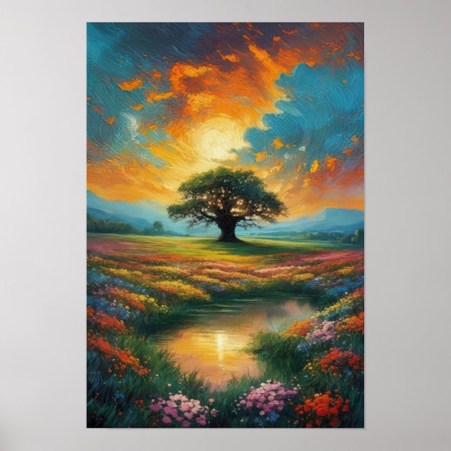 Majestic Tree in the Field of Flowers Poster (Front)