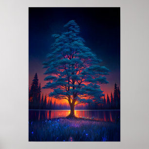 Majestic Tree, Red Sunset Poster