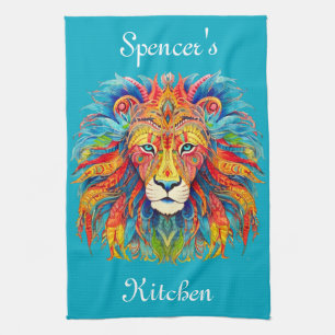 Majestic Tribal Lion with Custom Name Tea Towel