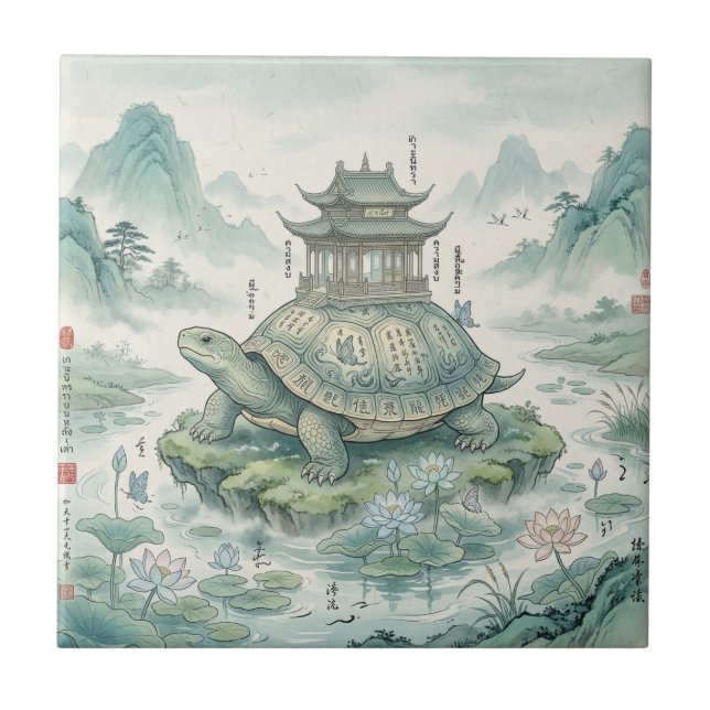 Majestic Turtle Pagoda Ink Art Ceramic Tile (Front)