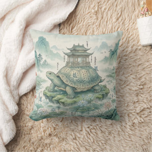Majestic Turtle Pagoda Ink Art Cushion