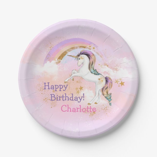 Majestic Unicorn and Rainbow Birthday Party Paper Plate (Front)