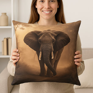 Majestic Walk: Elephant in Misty Forest Cushion