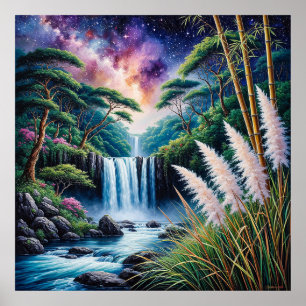 Majestic Waterfall in a Lush Forest Under a Sky Poster
