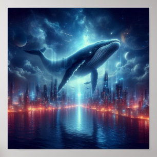 Majestic Whale Above Starlit City Skyline Poster