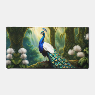 Majestic White and Blue Peacock in Forest Desk Mat