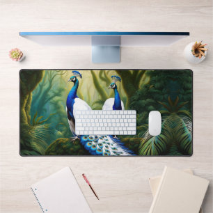 Majestic White and Blue Peacock in Forest Desk Mat