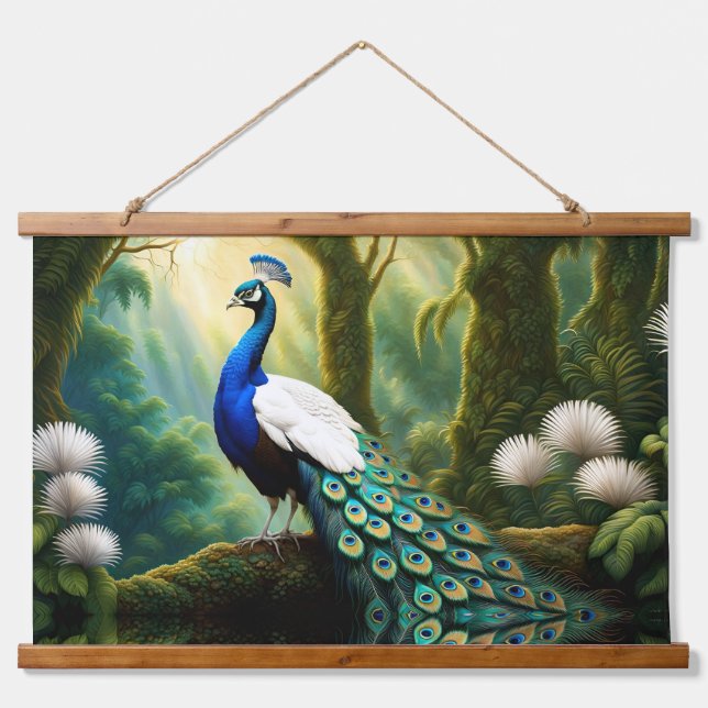 Majestic White and Blue Peacock in Forest Hanging Tapestry (Front)
