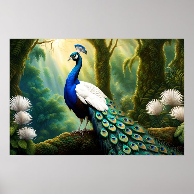 Majestic White and Blue Peacock in Forest Poster (Front)